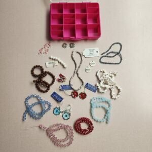 9 strands of Beads and 12 charms for jewelry making with pink storage box